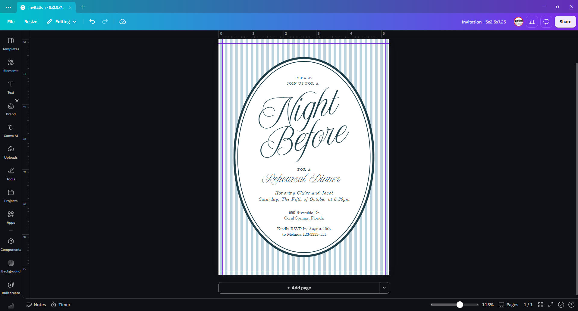Canva invitation with rulers and purple guides inside the outer document edges