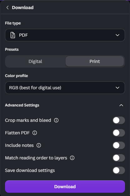 Canva Download panel with PDF, Print preset, and Crop marks and bleed switched off