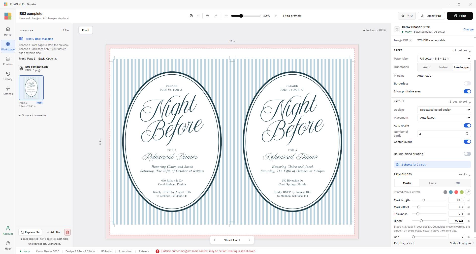 Desktop layout with two striped invitations, adjustable trim marks, 0.125 inch bleed, and a printer-margin warning