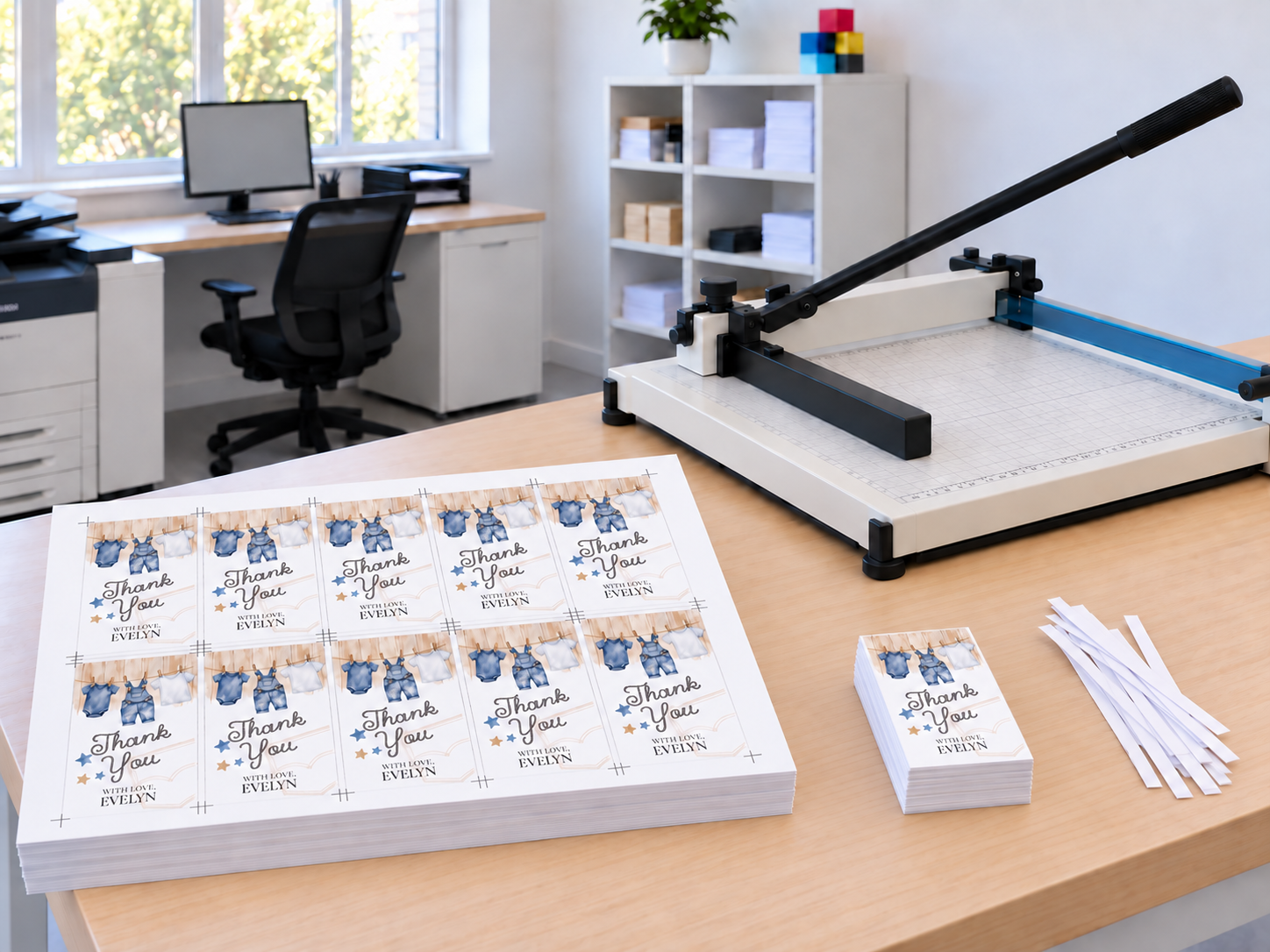 Illustration of tag sheets and trimmed tags at a paper cutter