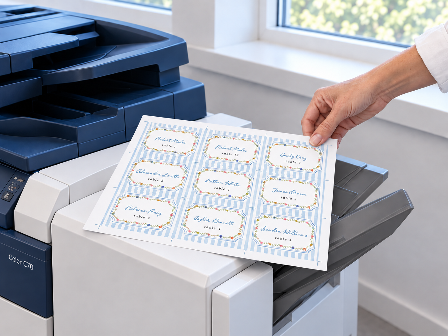 Printed sheet of blue striped place cards beside a printer