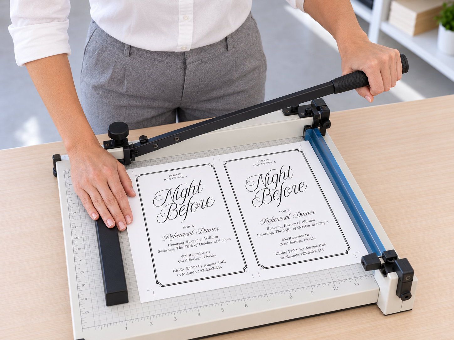 Illustration of the two-invitation sheet positioned on a guillotine cutter