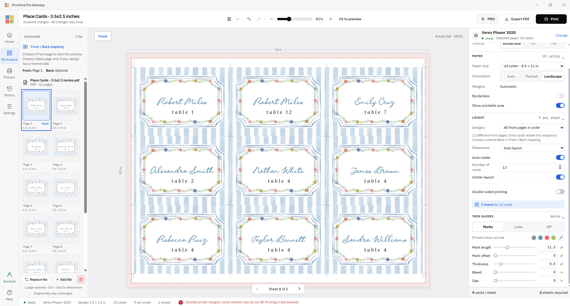 PrintGrid Pro Desktop arranging different named place cards on Letter paper