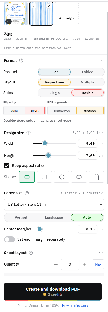 Web settings for Flat, Repeat one, Double, 5 x 7 inches and two copies