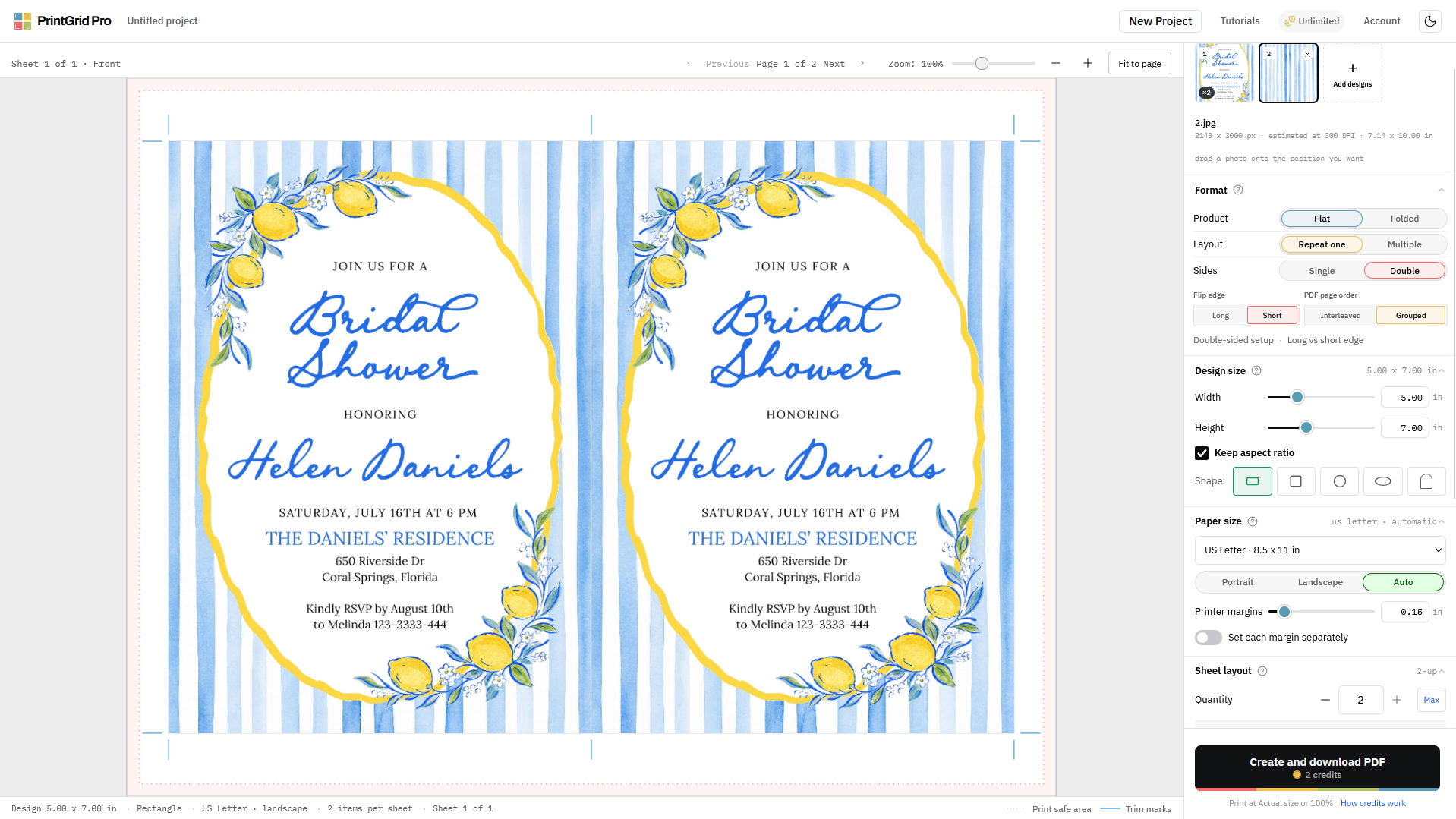 Two bridal shower invitation fronts on one landscape Letter sheet in Web