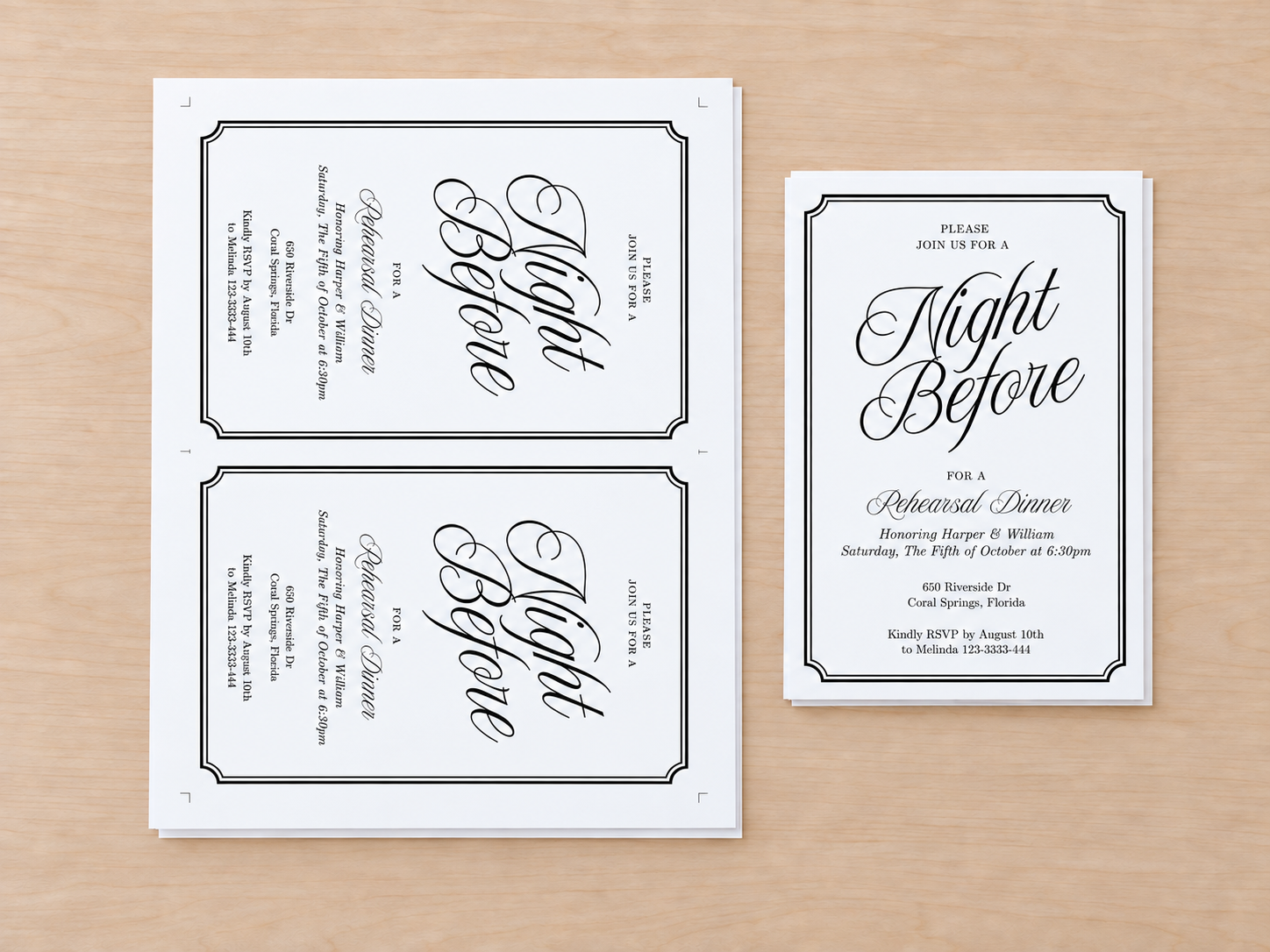 Mockup of an invitation sheet beside a stack of trimmed invitations