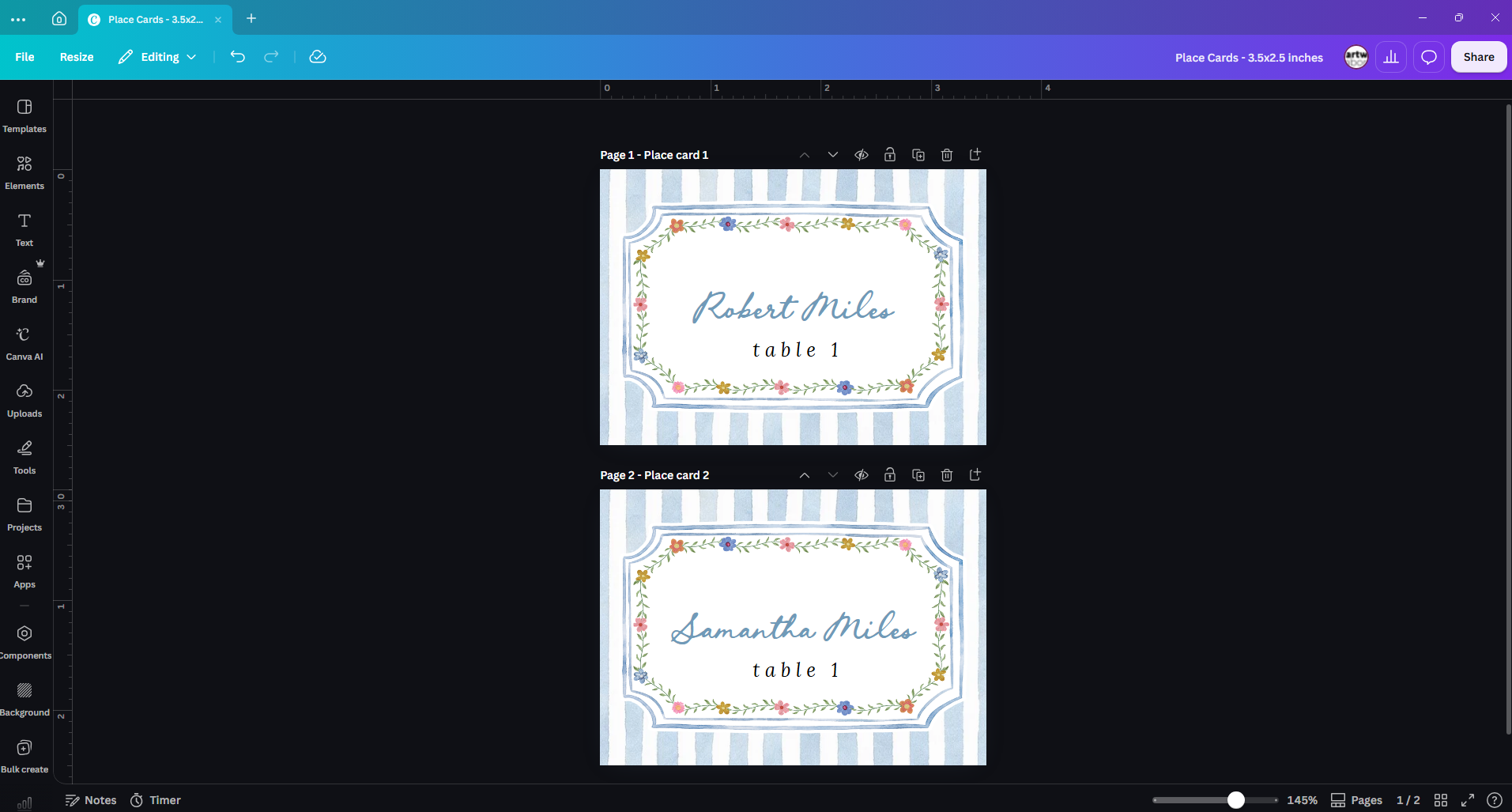Different guest place cards prepared at 3.5 by 2.5 inches in Canva