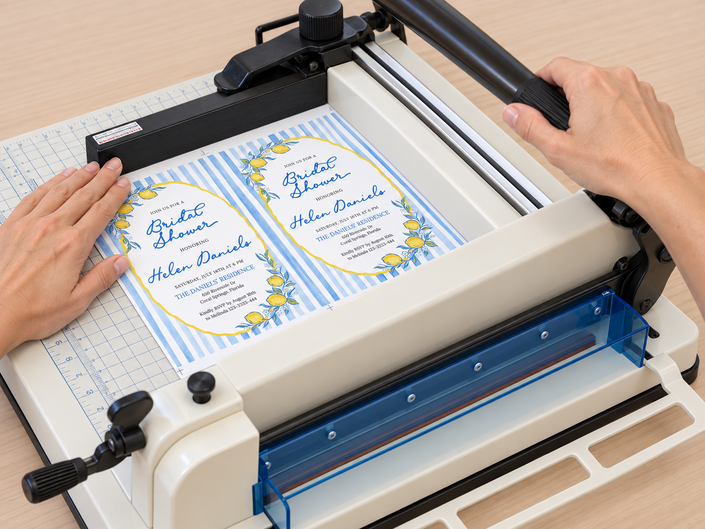 Illustration of the invitation sheet positioned on a cutter