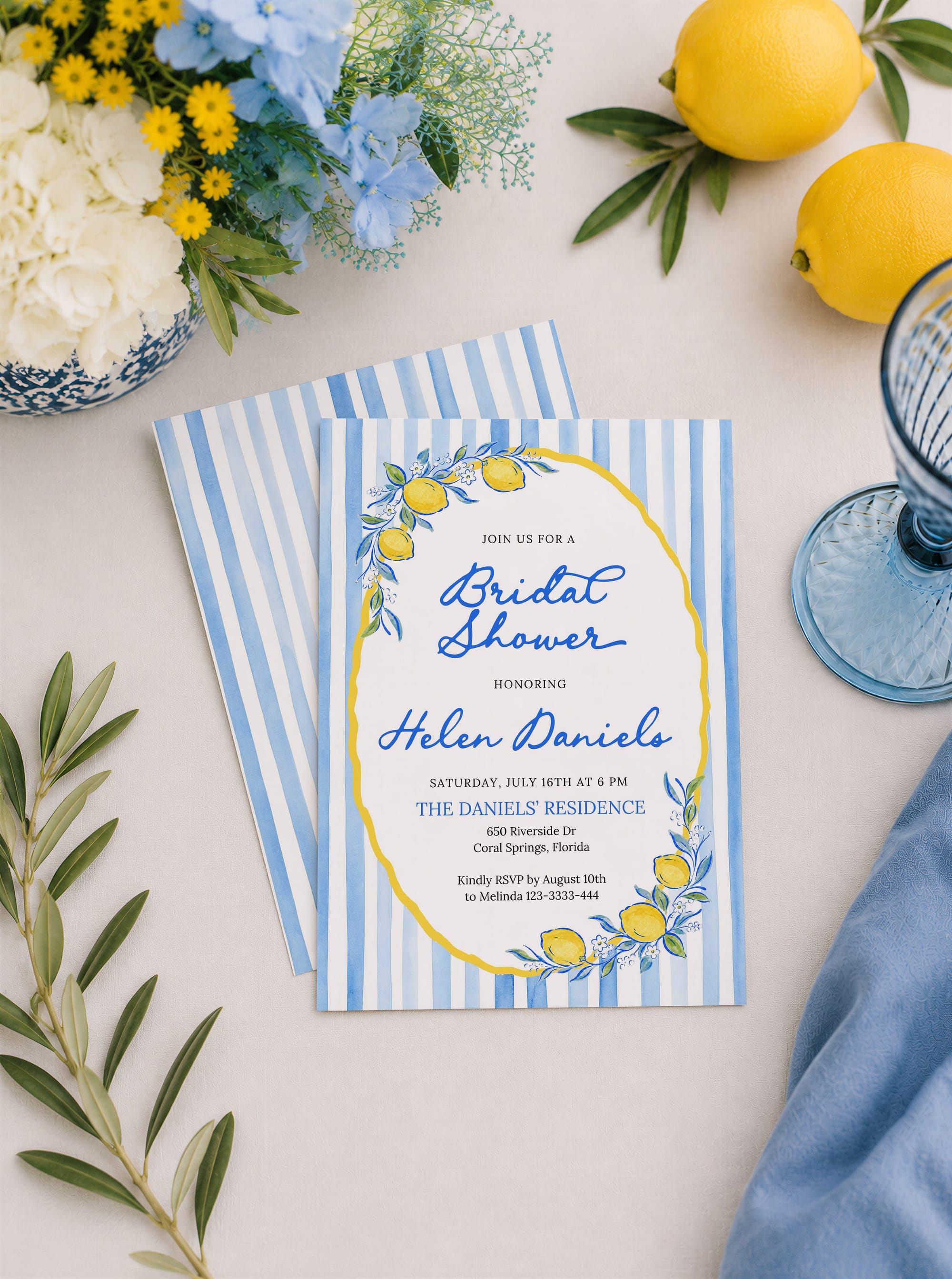 Mockup of the bridal shower invitation front and striped back
