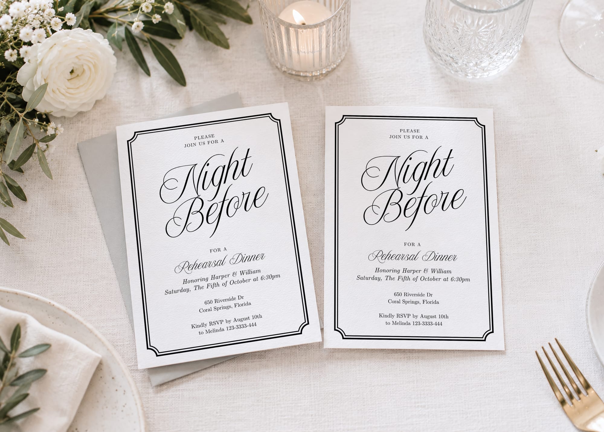 Two Night Before rehearsal dinner invitations with a black border on a table