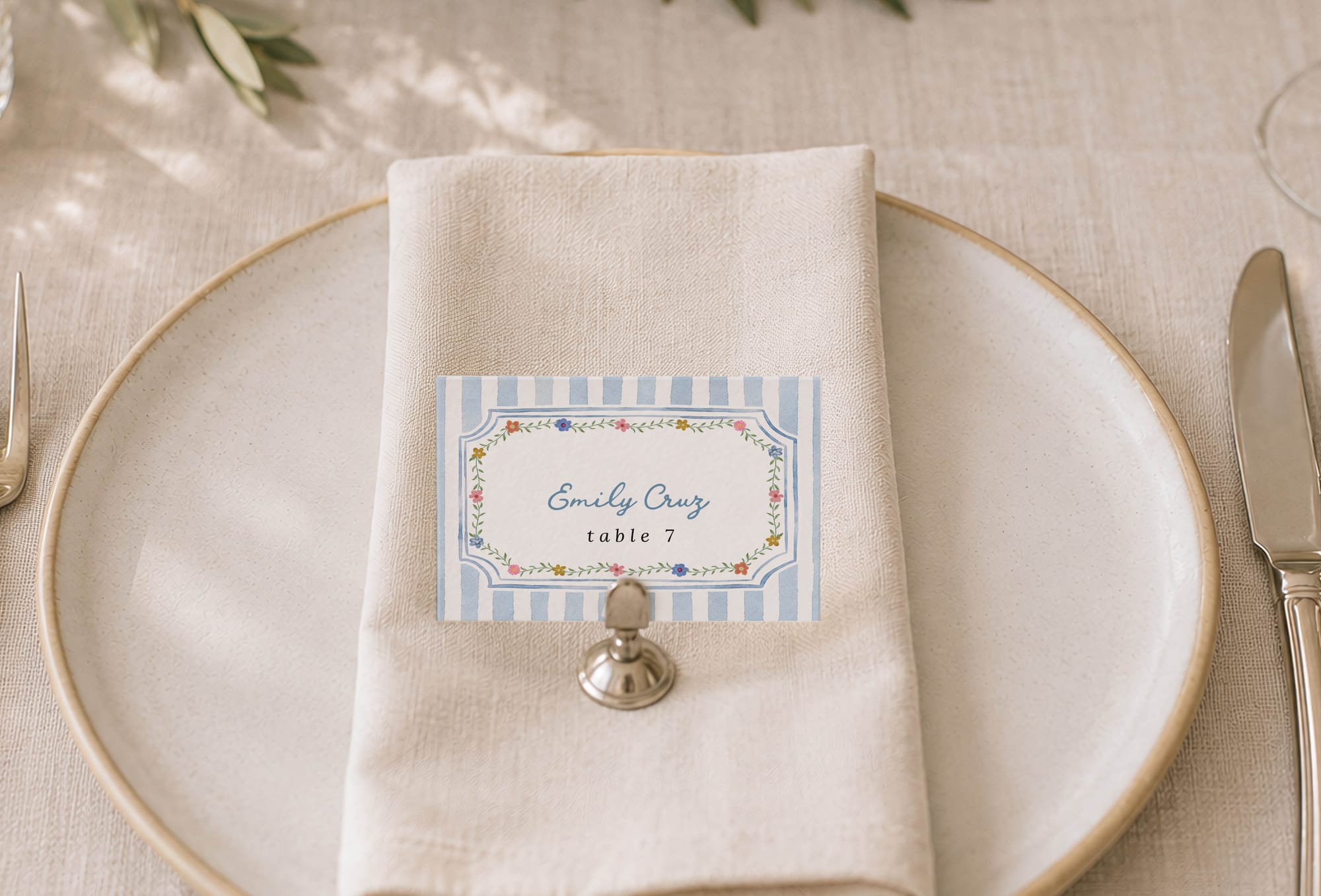 Flat Emily Cruz place card on a table setting