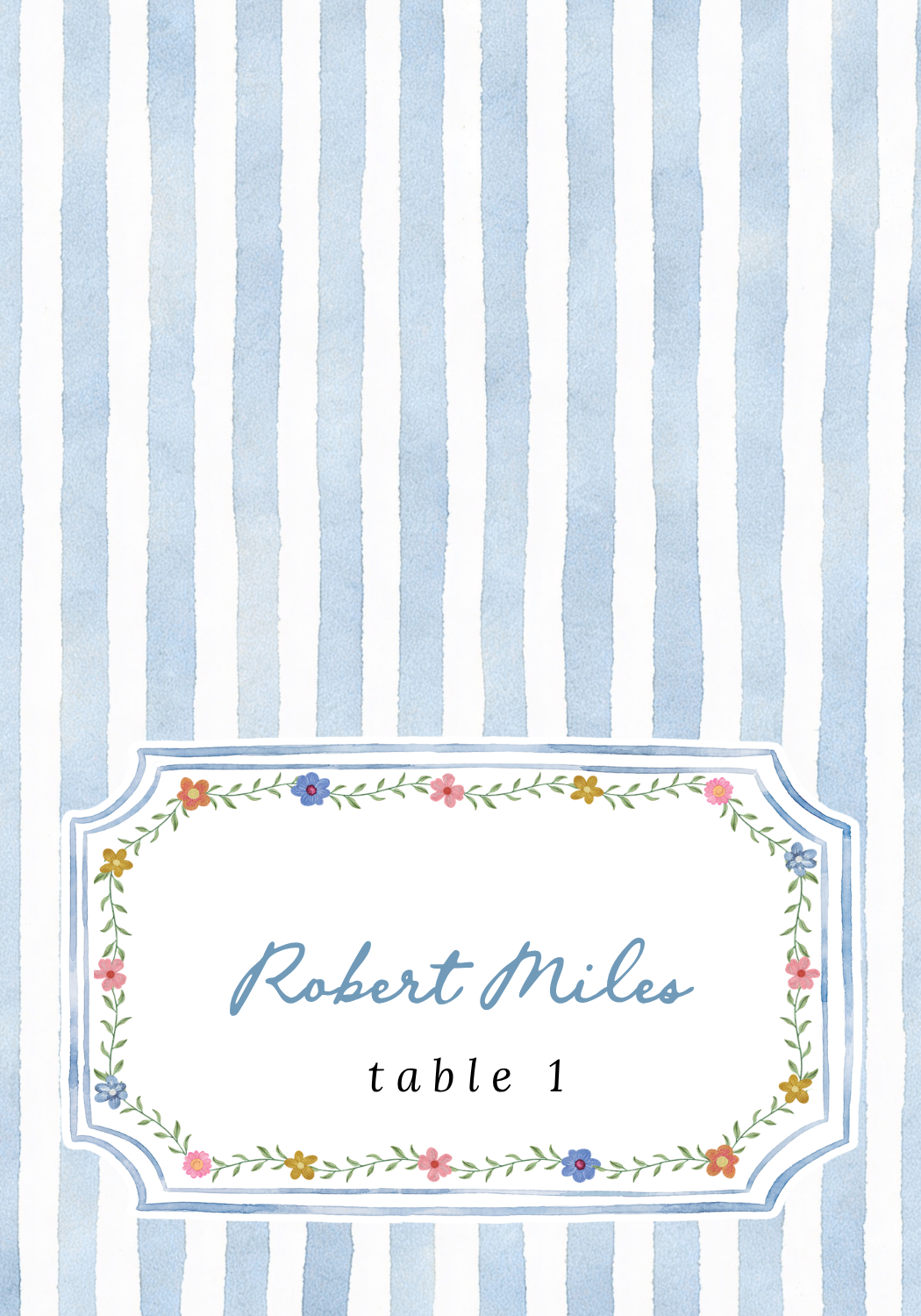 Complete open Robert Miles place card with striped back above the named front