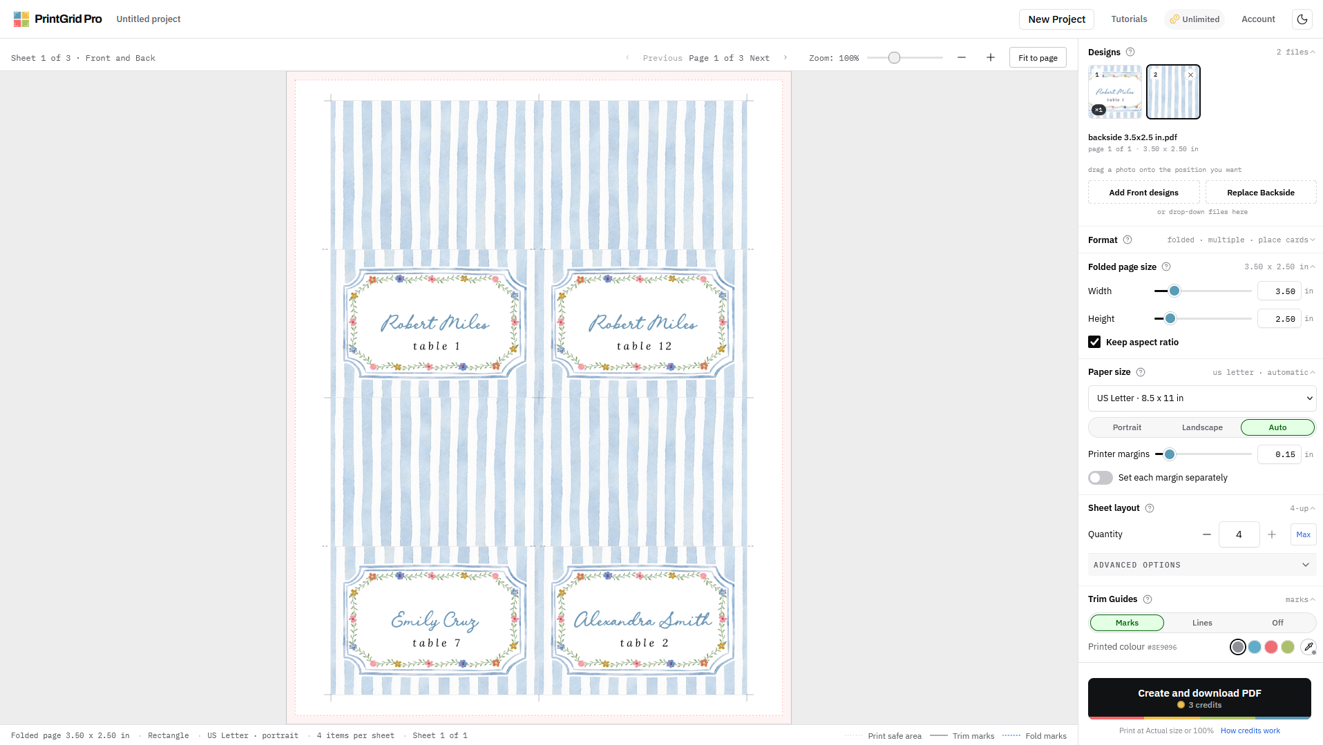 Striped shared backs joined to different named place-card fronts in PrintGrid Pro Web
