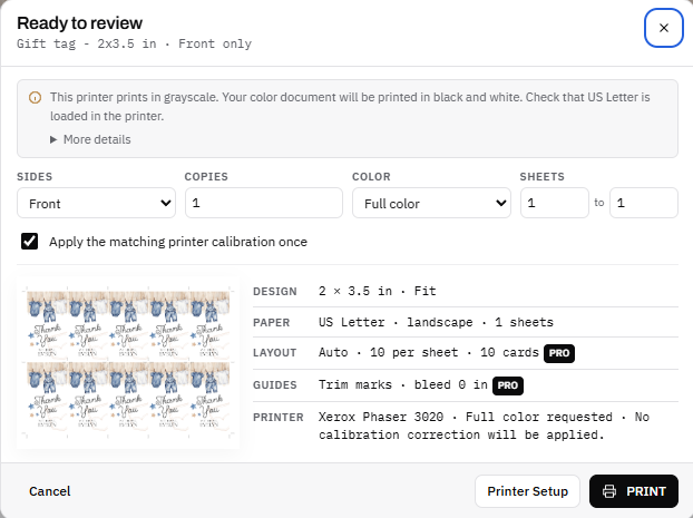 Desktop tag print review showing ten tags, Fit scaling and a grayscale printer warning