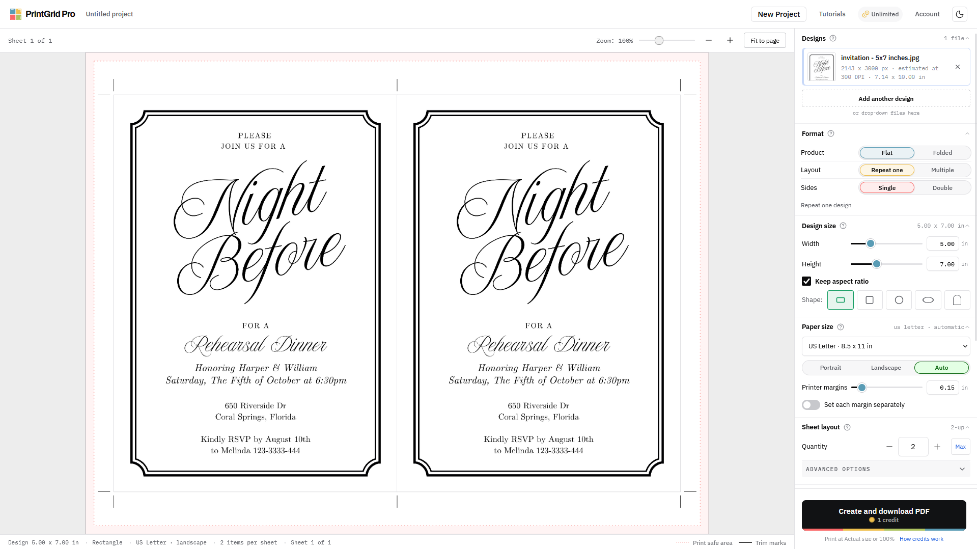 Complete Web preview showing two upright invitations on a landscape Letter sheet with trim marks