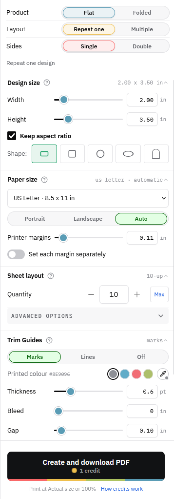 Web settings for a Flat, Repeat one, Single tag layout at 2 x 3.5 inches, quantity ten