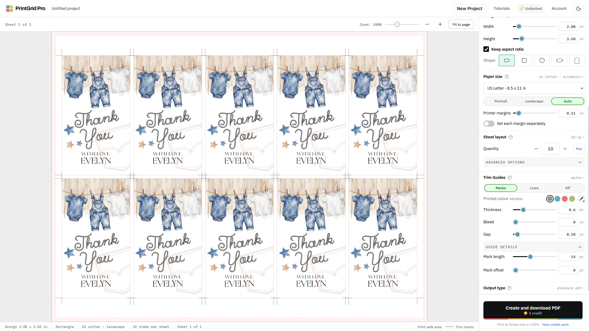 Ten blue baby-shower thank-you tags in two rows of five on a Letter sheet