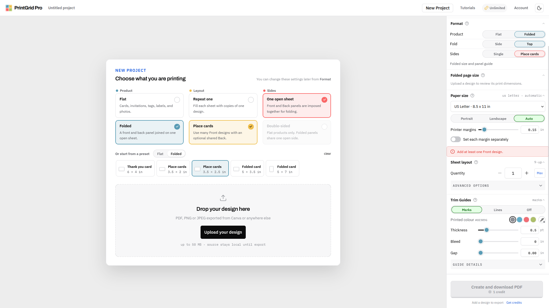 PrintGrid Pro Web set to Folded, Place cards, and Top fold direction
