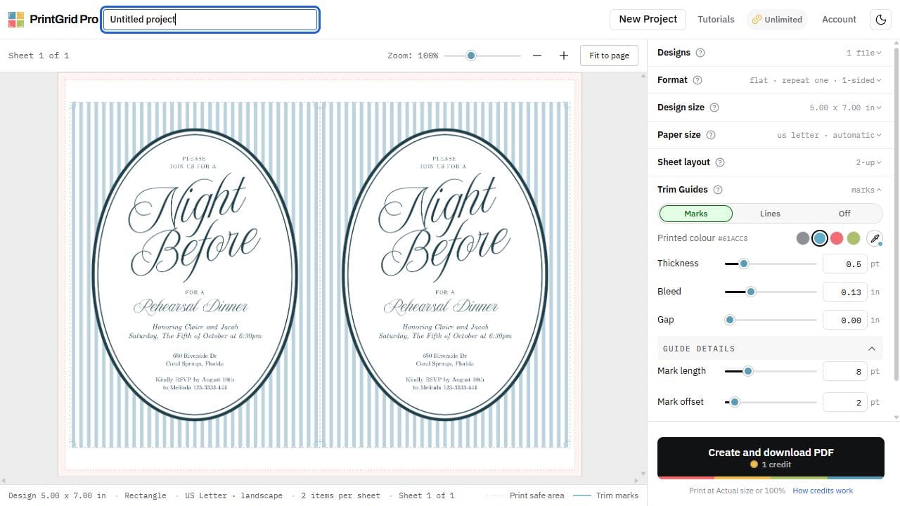 Verified Web preview of two invitations with 5 by 7 inch finished size and bleed controls