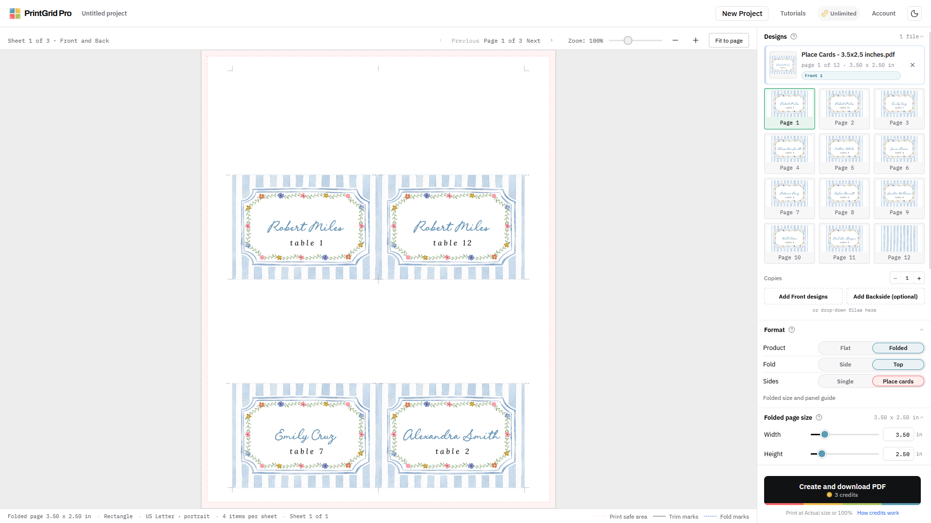 Named place-card fronts in PrintGrid Pro Web before a Backside is assigned