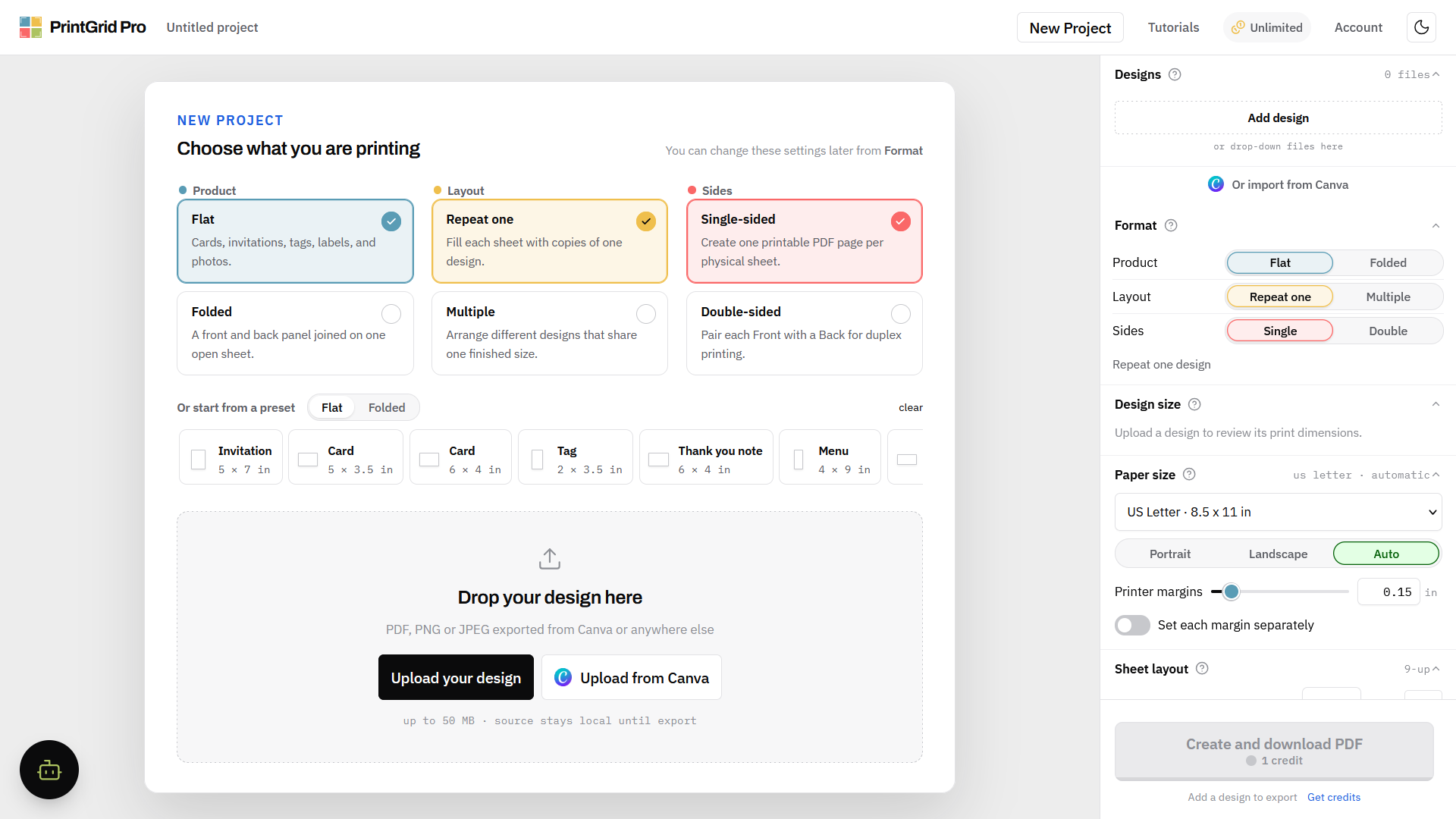 PrintGrid Pro displays the Upload from Canva entry point for importing a design.