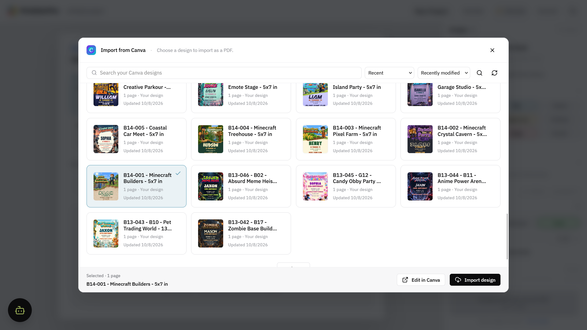 The Canva design picker shows search, recent designs, Edit in Canva, and Import design controls.