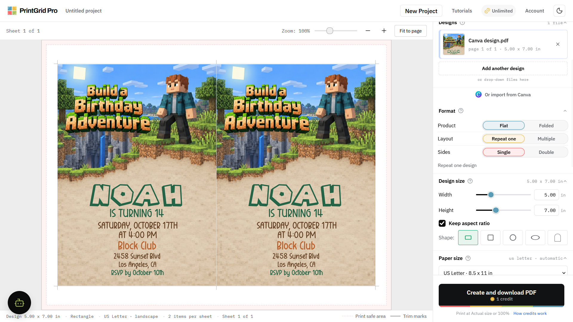 The PrintGrid Pro preview shows two 5x7 invitation copies on a Letter sheet in landscape orientation.