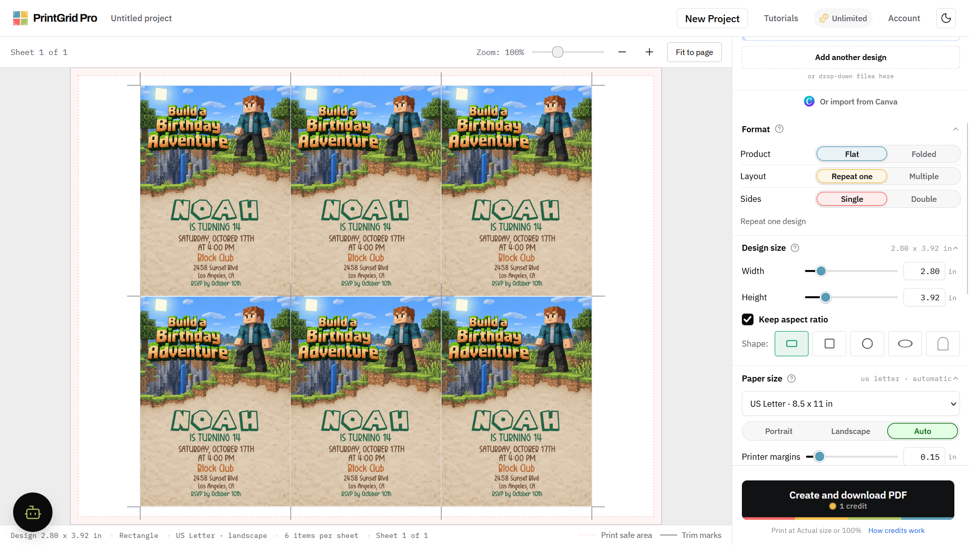 The PrintGrid Pro preview shows six smaller invitation copies measuring 2.80x3.92 inches on a Letter landscape sheet.
