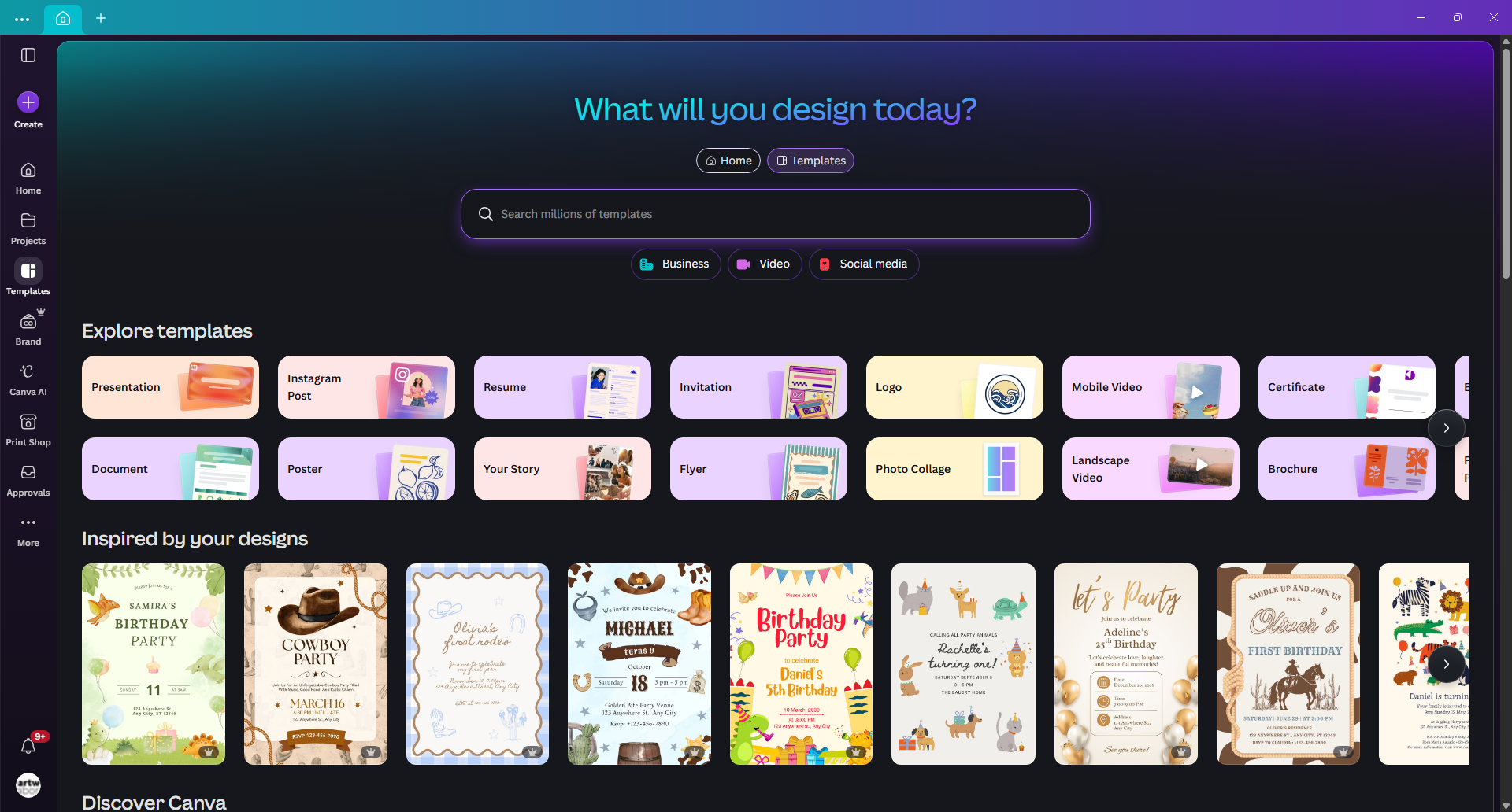 Canva displays template options for creating and customizing designs.