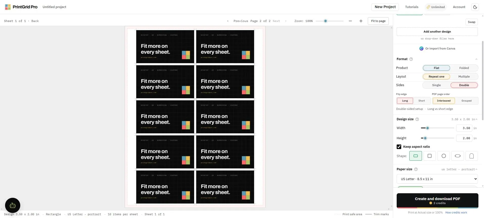 PrintGrid Pro displaying the back of a repeated business-card sheet.