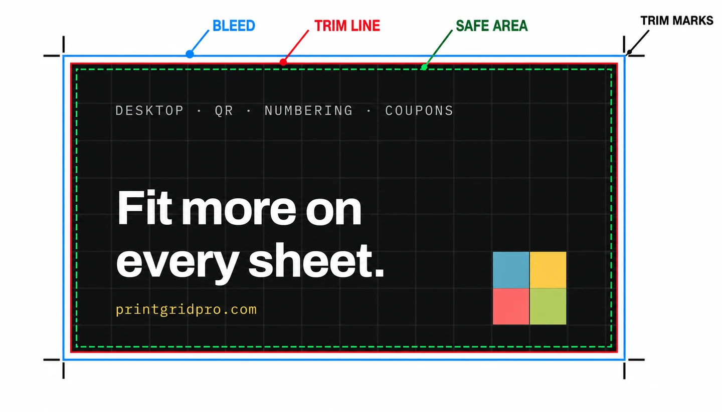 Back of a PrintGrid Pro business card showing aligned trim marks, bleed, trim line, and safe area