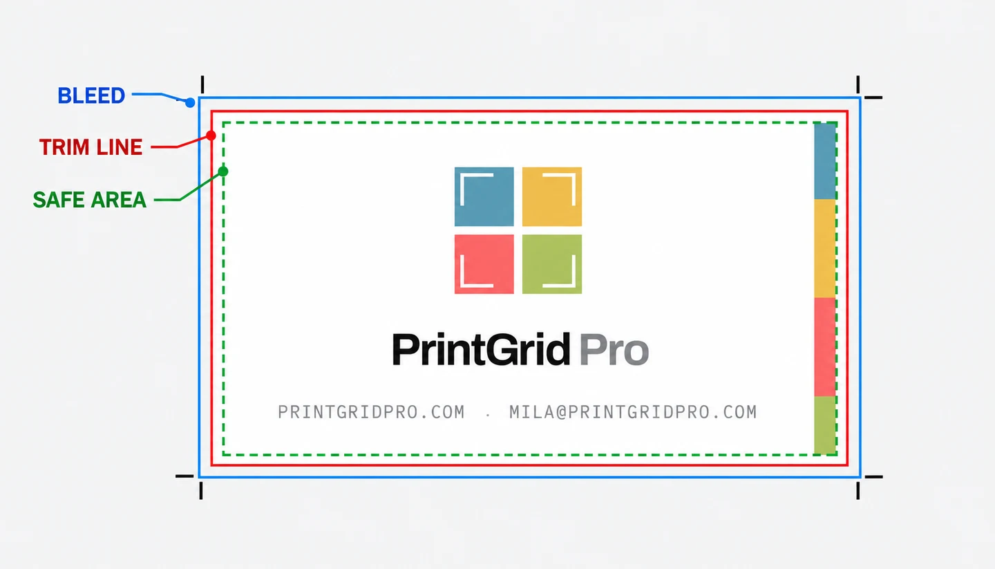 Front of a PrintGrid Pro business card with bleed, trim line, safe area, and trim marks