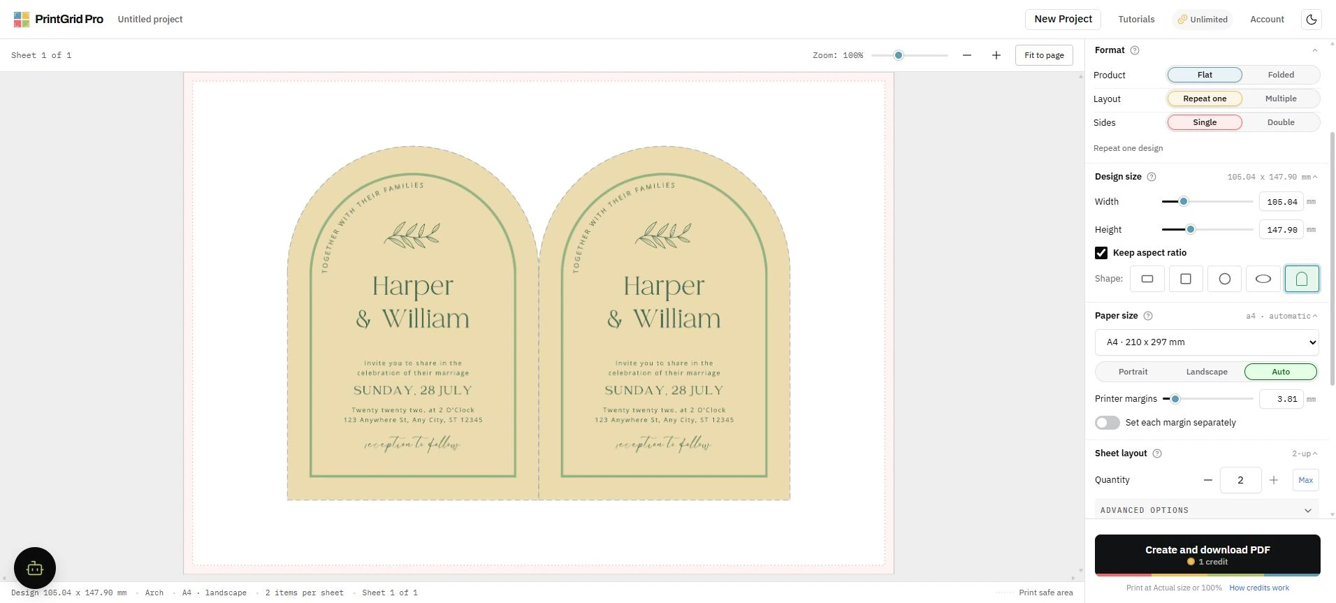 The same arch invitation on A4 with the actual paper selector visible.