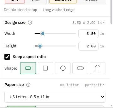 Actual design-size and US Letter controls for the business-card layout.