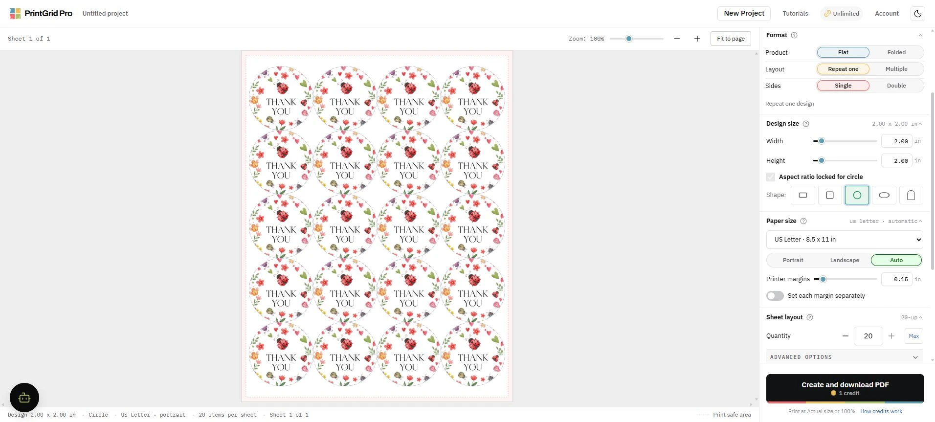 Actual Repeat one mode with twenty round tags on a portrait Letter sheet.